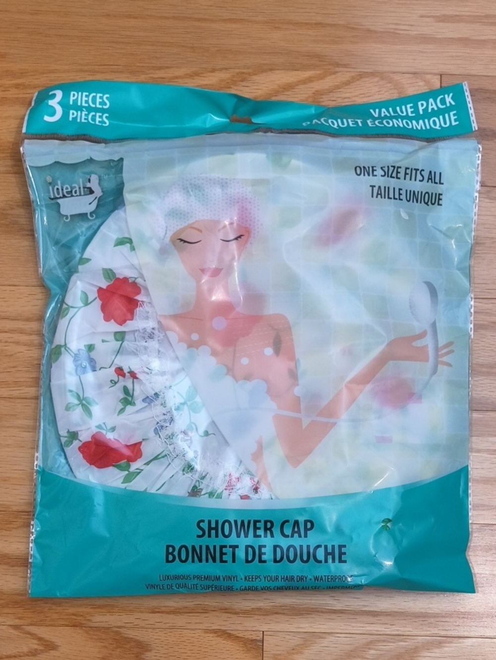 Floral Shower Cap - White with Red Flowers (3-Pack) NWT